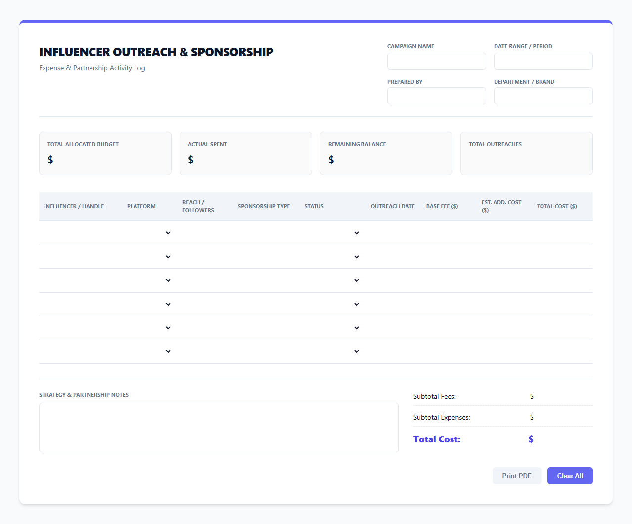 Influencer Outreach and Sponsorship Expense Log