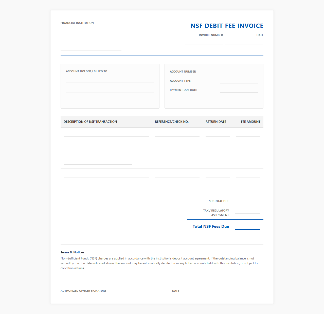 Insufficient Funds Bank Charge Invoice