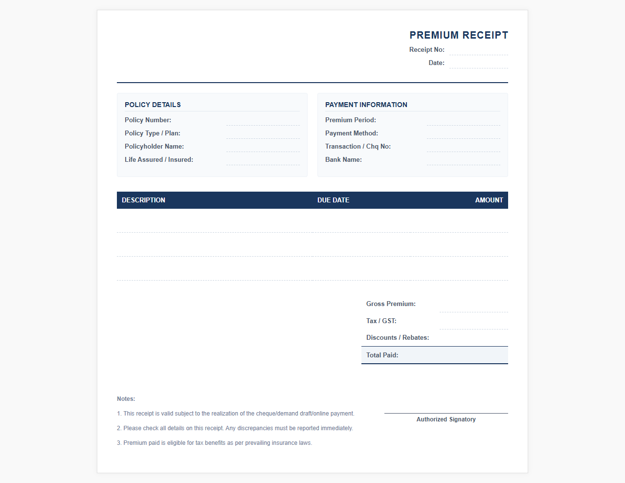 Insurance Premium Payment Receipt Template