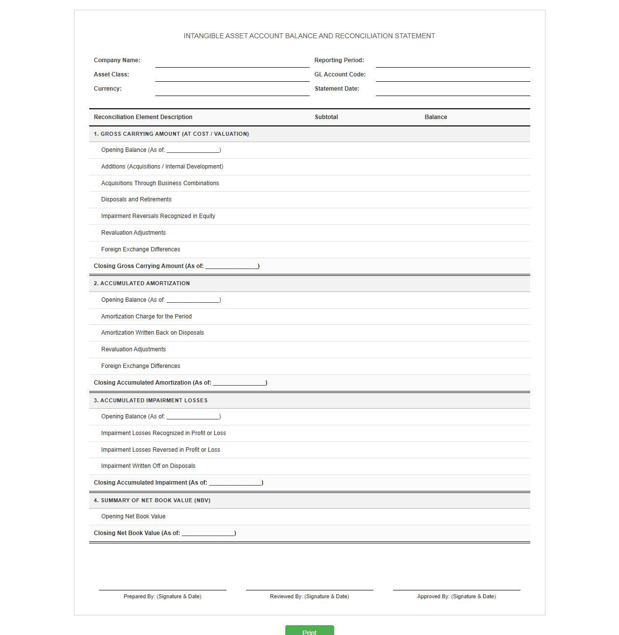 Intangible Asset Account Balance and Reconciliation Statement