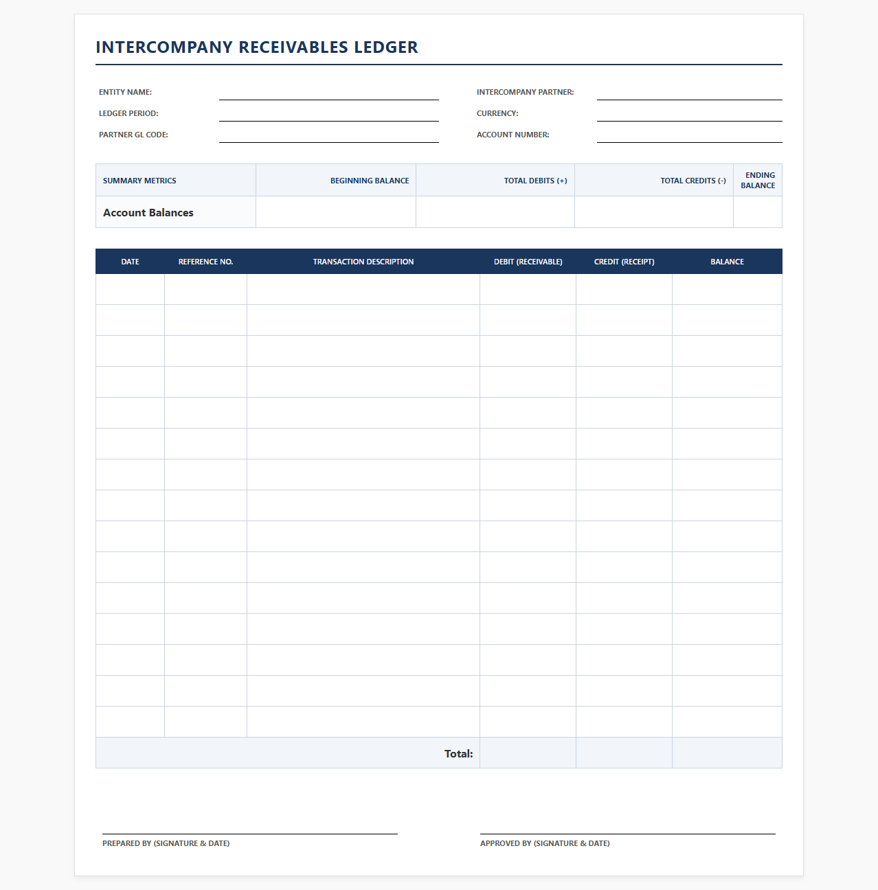 Intercompany Receivables Ledger Template
