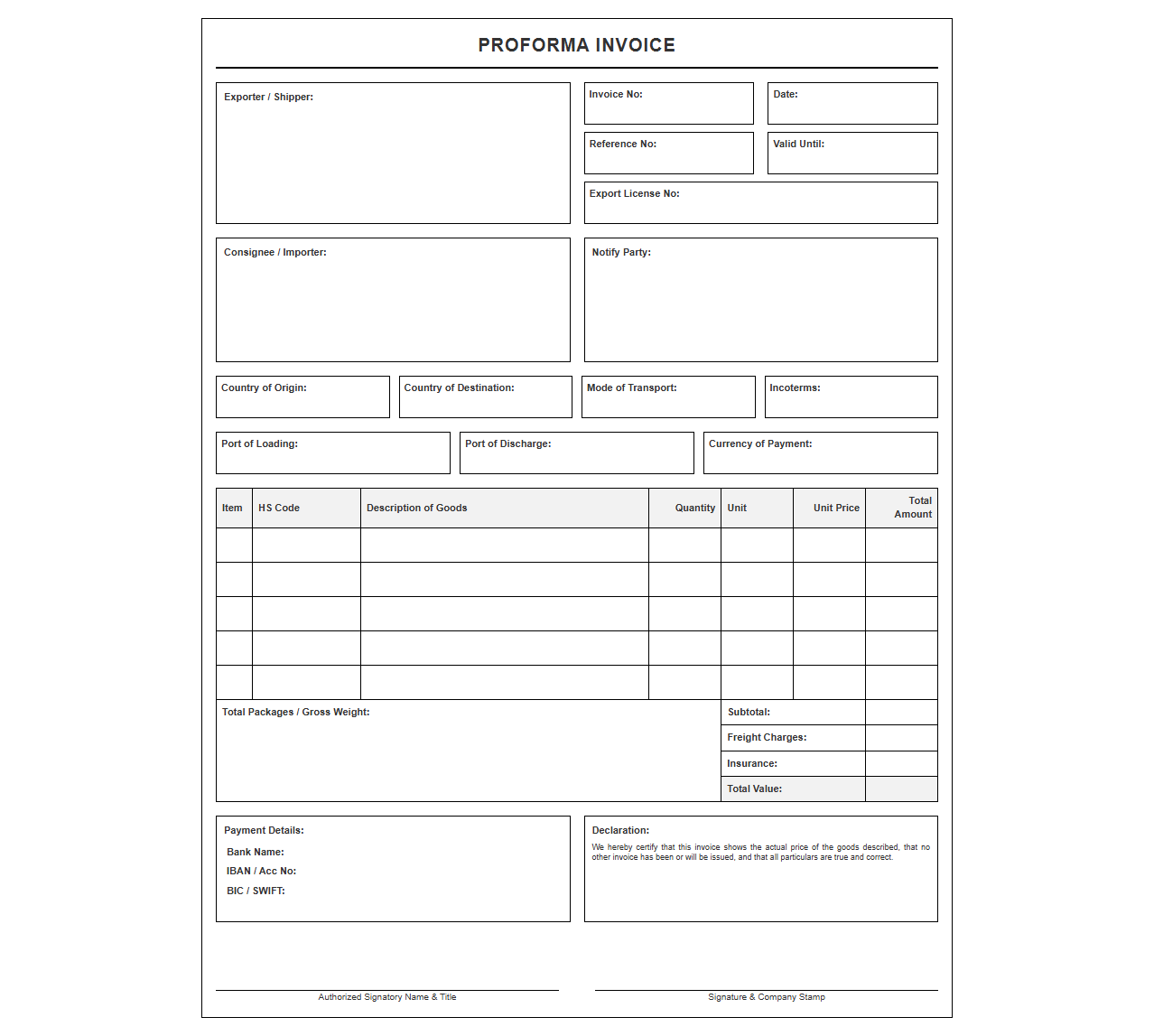 International Export Proforma Invoice Template