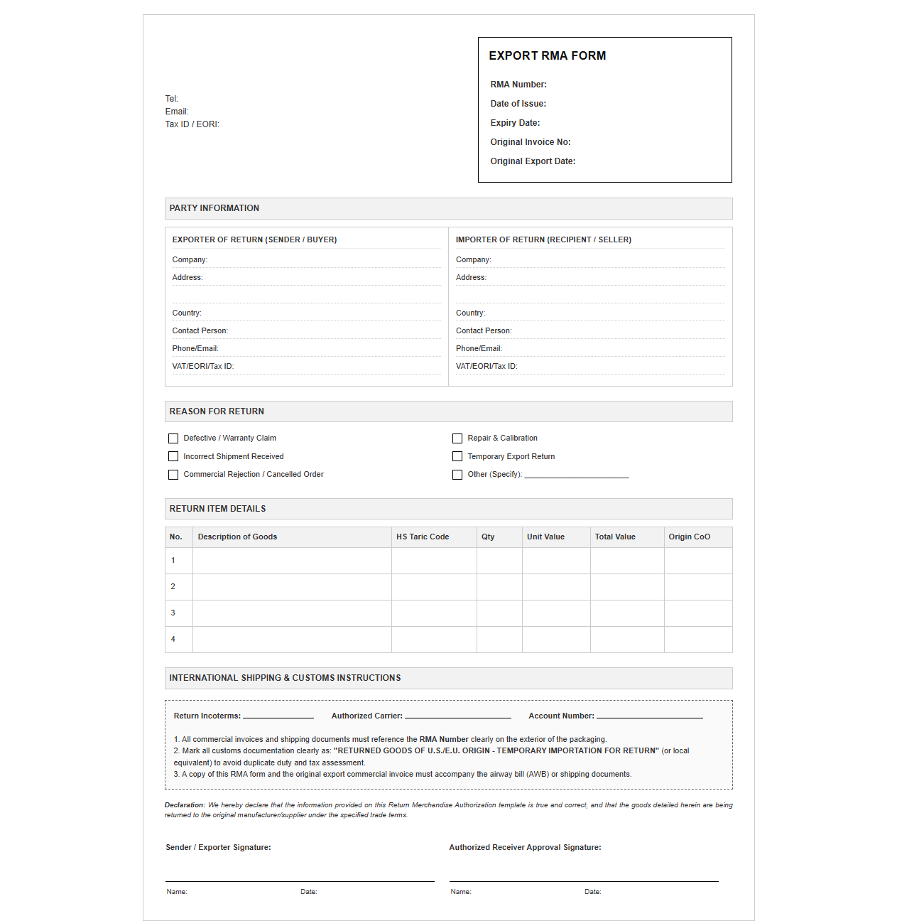 International Export Return Merchandise Authorization Form