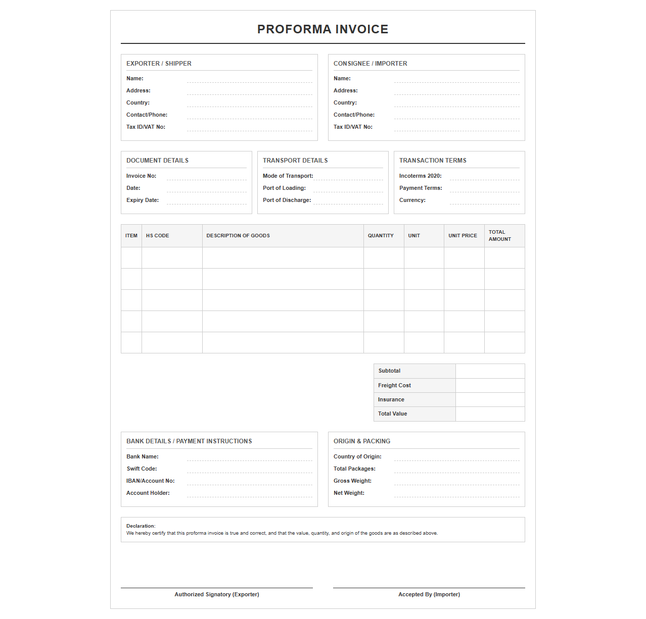 International Trade Proforma Invoice Template