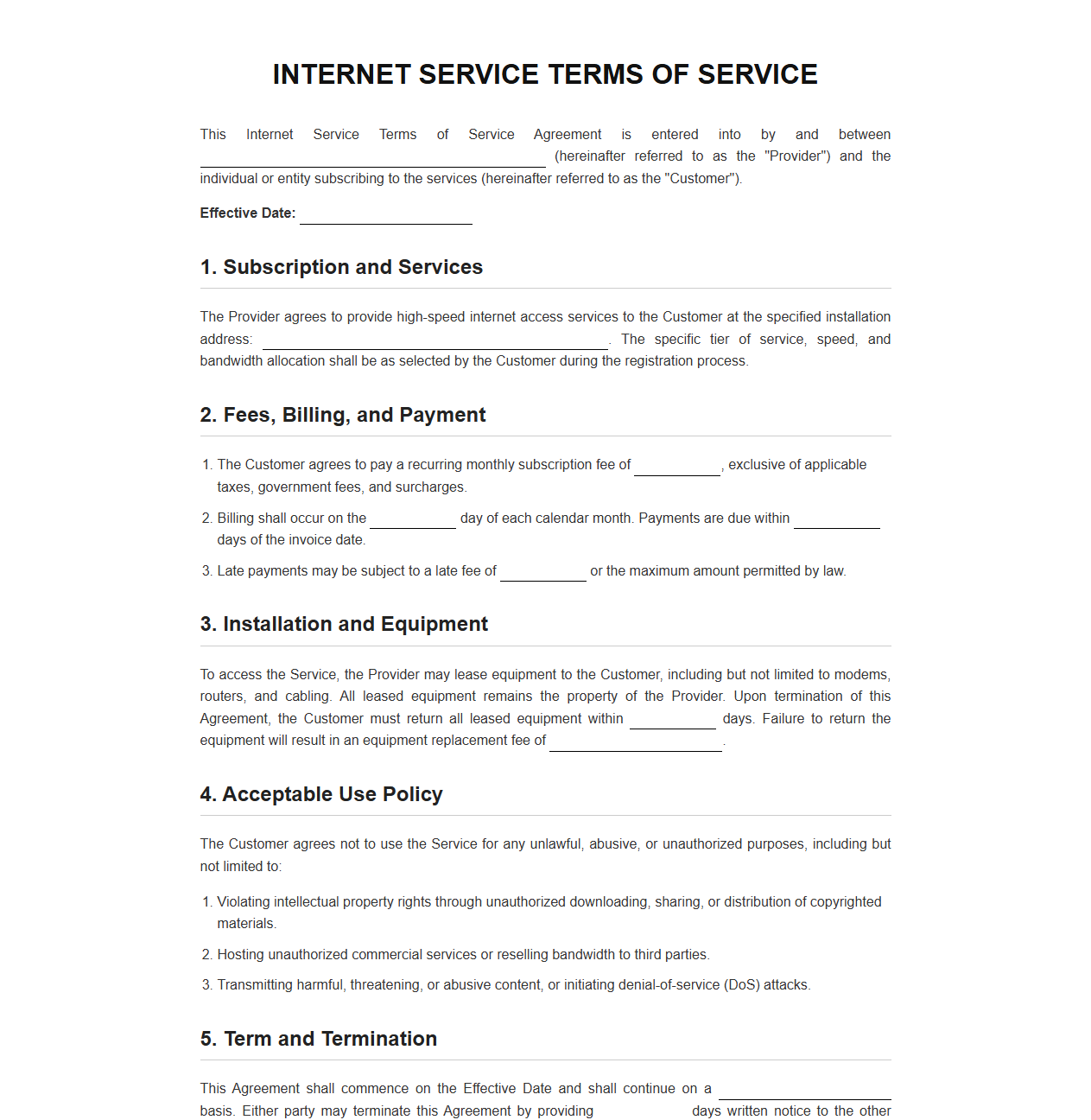 Internet Service Terms of Service