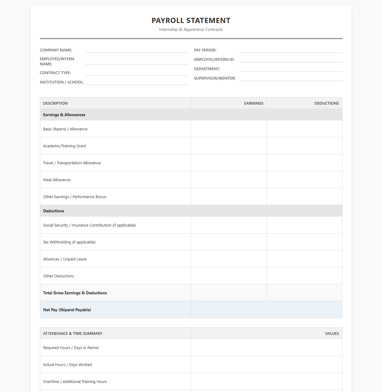 Internship and Apprentice Contract Payroll Sheet