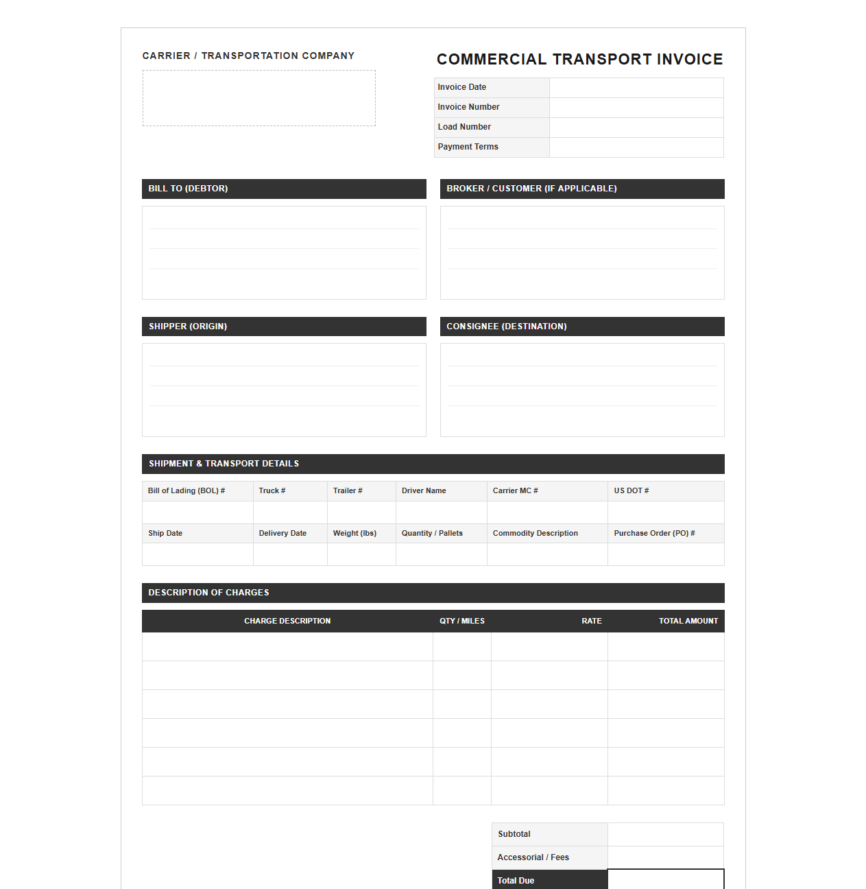 Interstate Commercial Transport Invoice