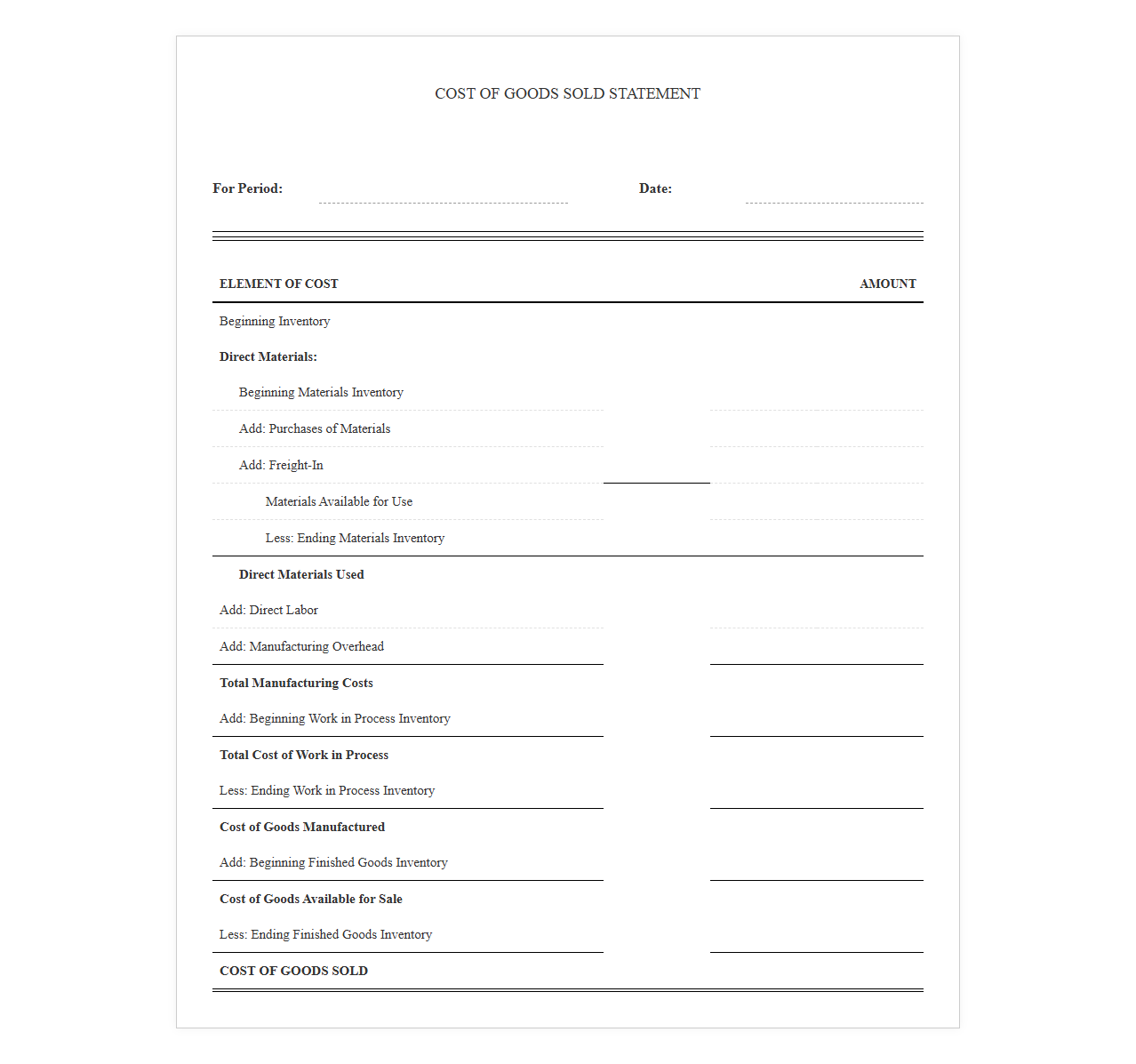 Inventory Cost of Goods Sold Statement Template