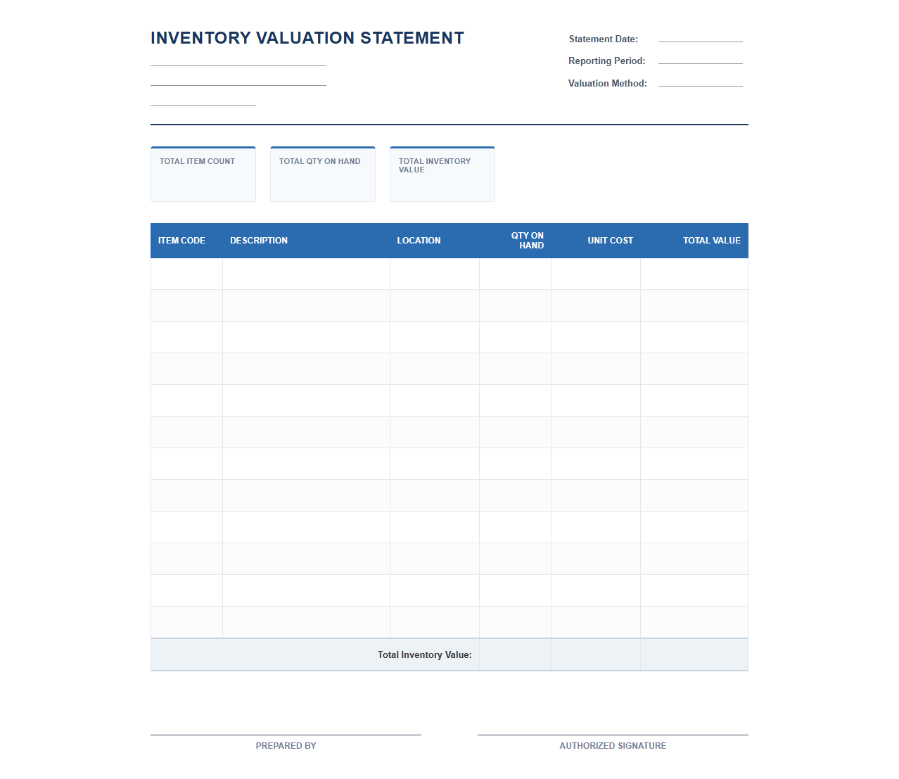 Inventory Valuation Statement Template