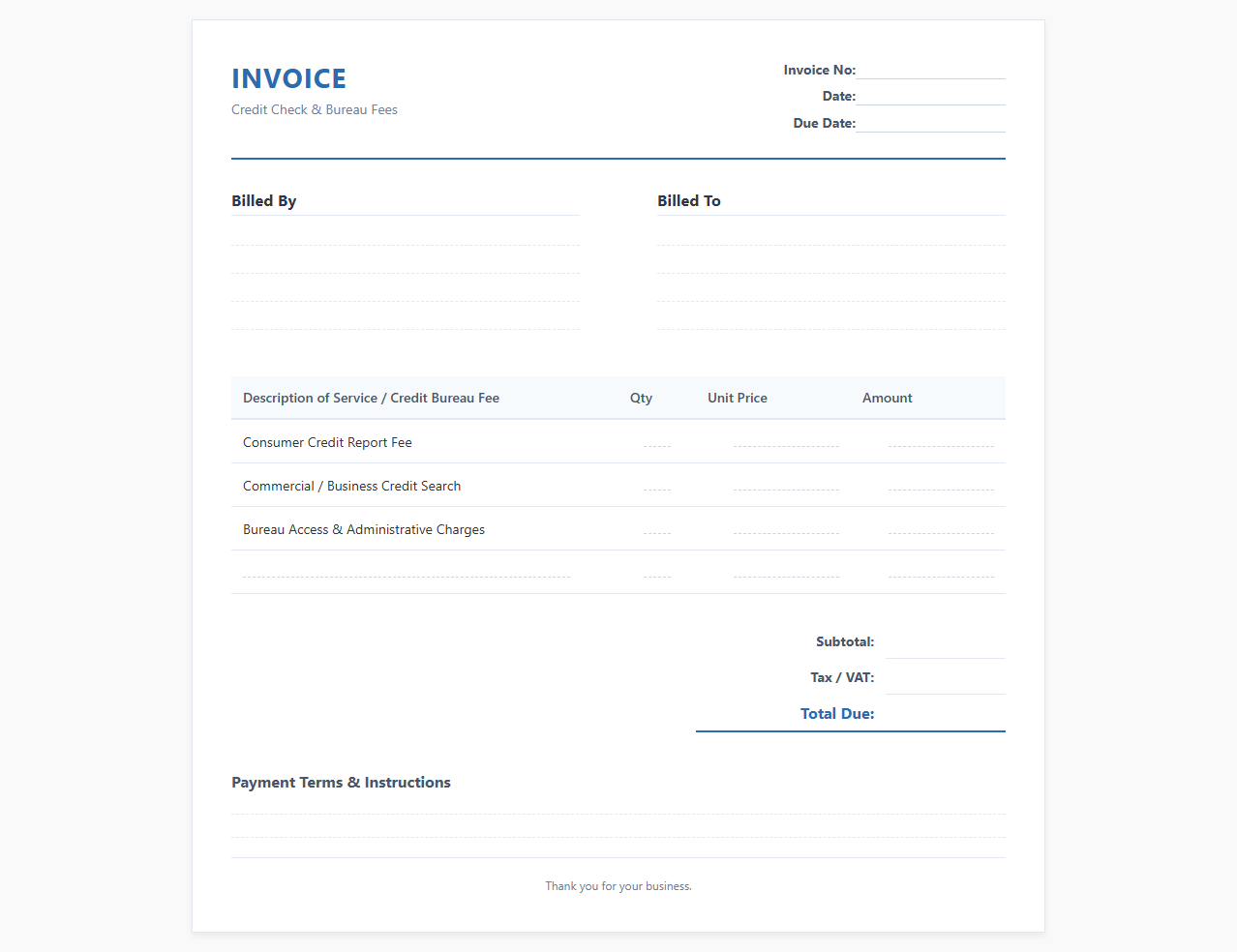 Invoice for Credit Check and Bureau Fees