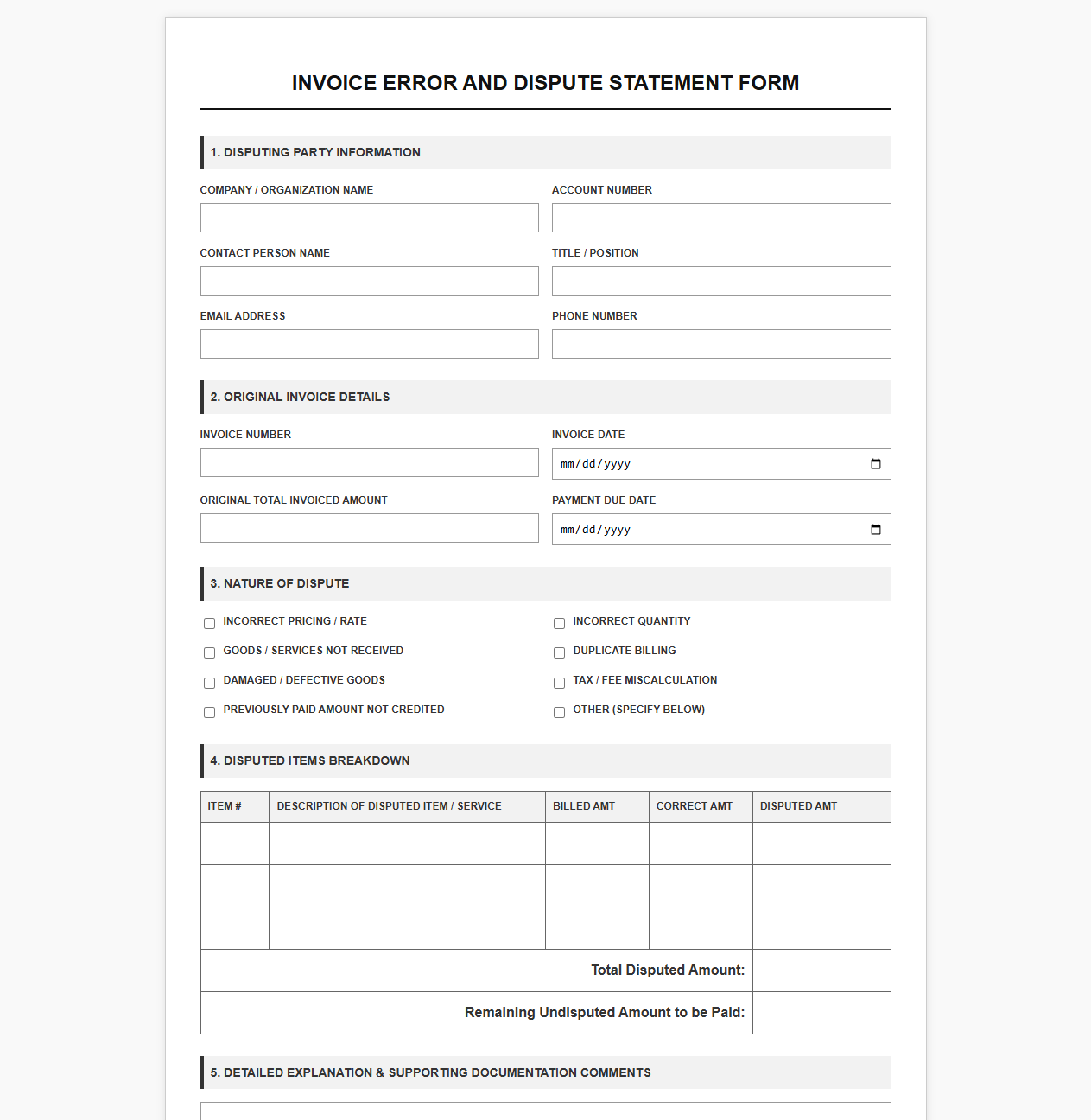 Invoice Error and Dispute Statement Form