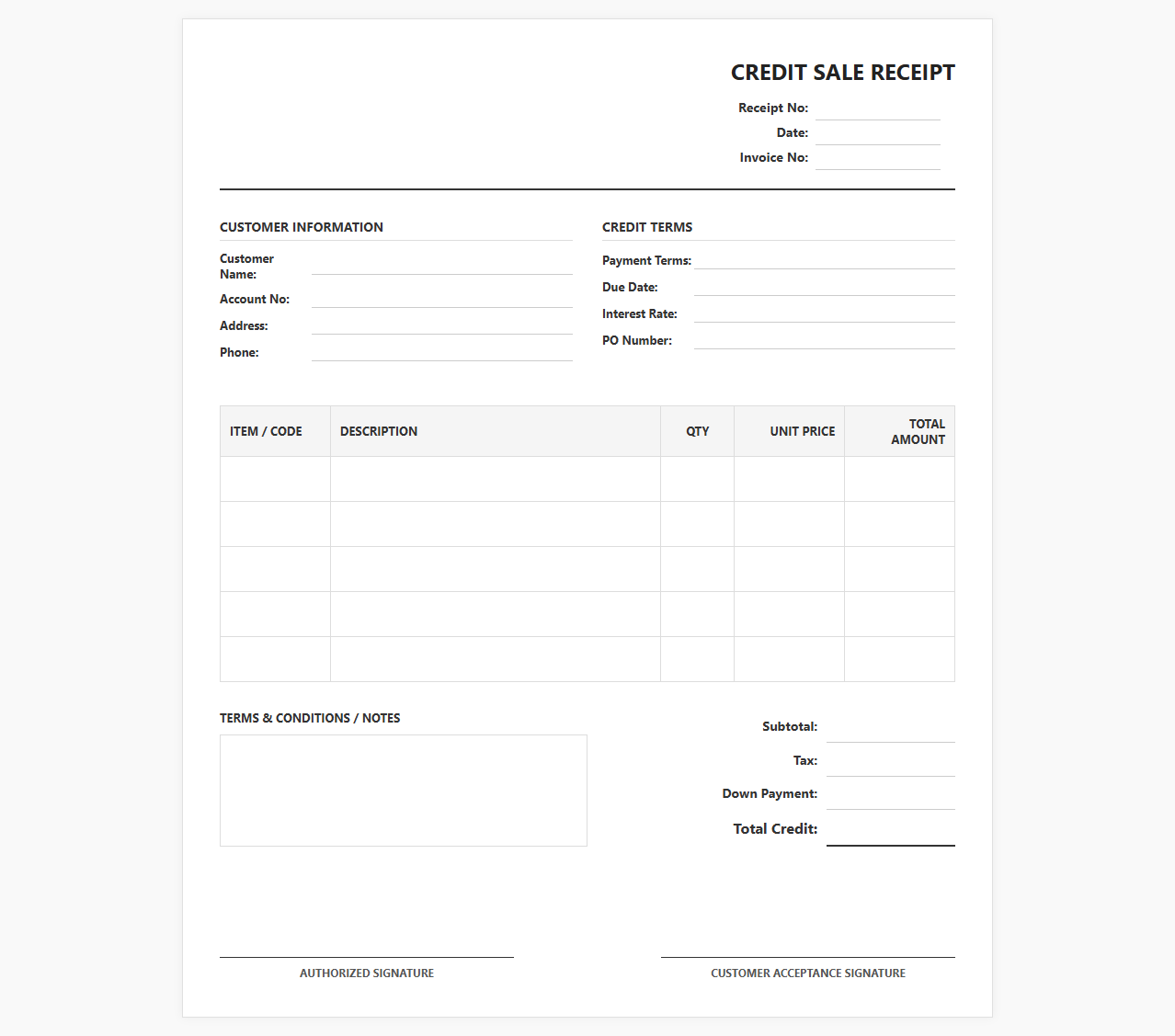 Invoiced Credit Sale Receipt