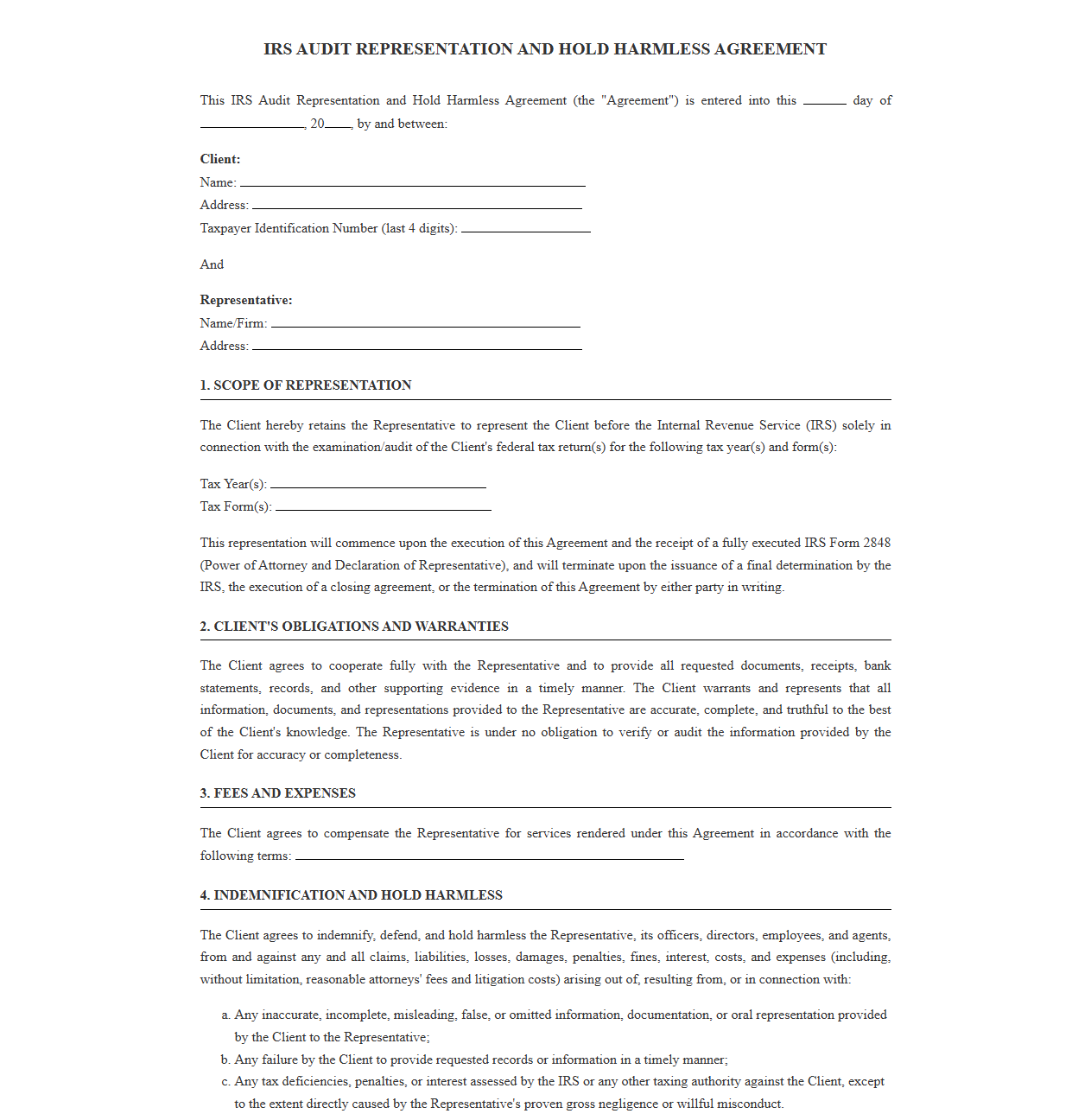 IRS Audit Representation and Hold Harmless Agreement