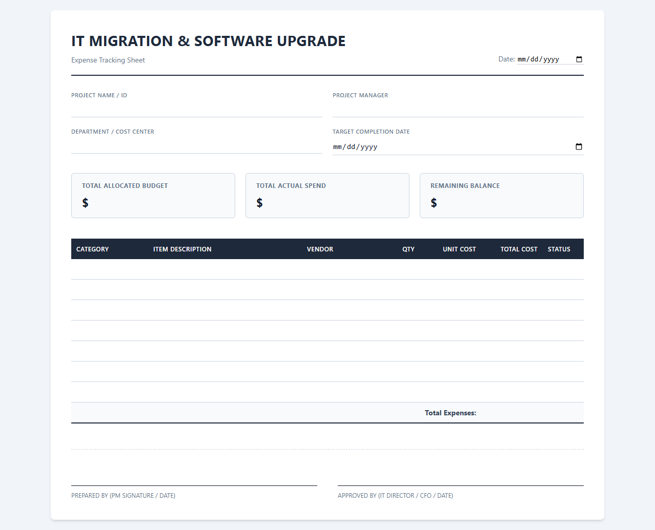 IT Migration and Software Upgrade Expense Sheet