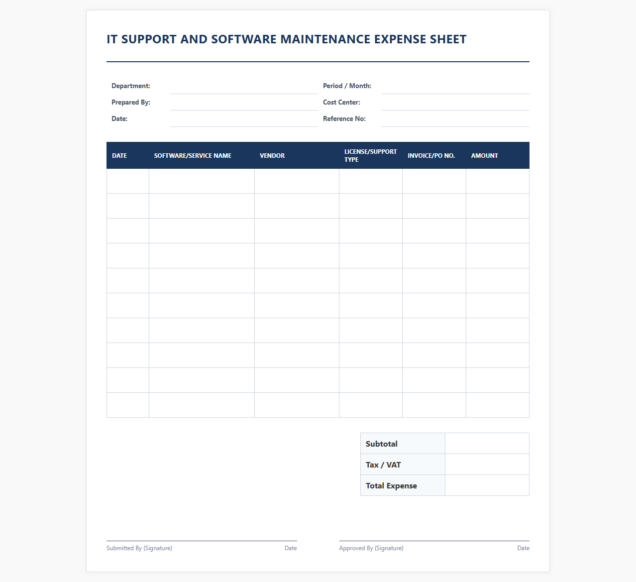 IT Support and Software Maintenance Expense Sheet