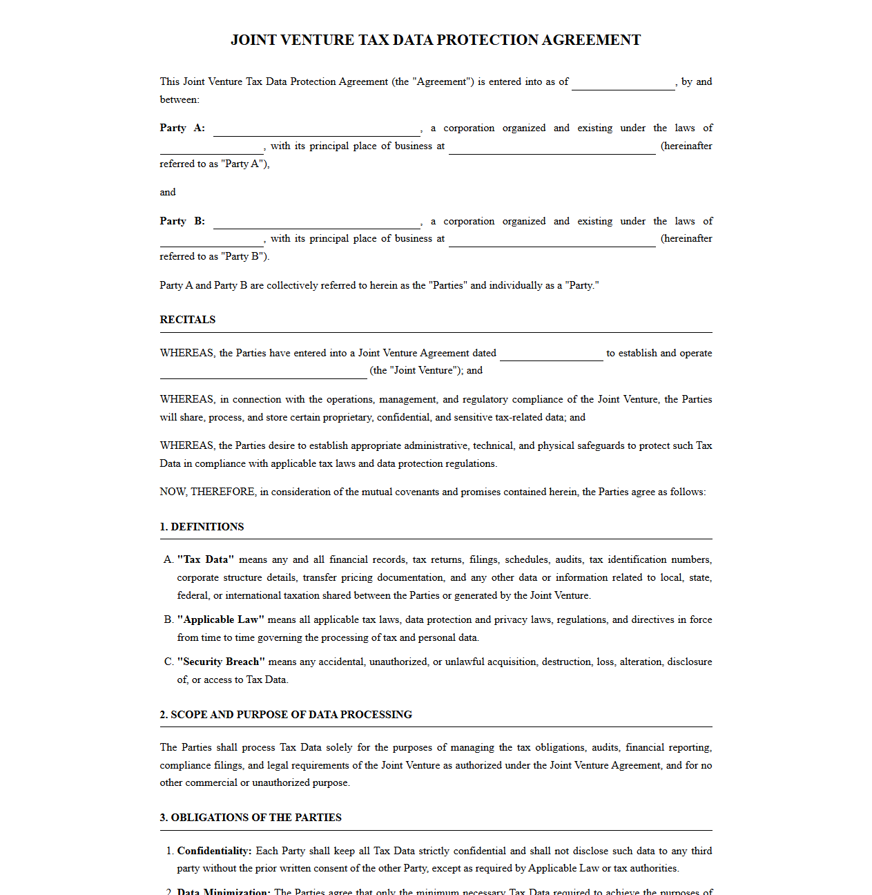 Joint Venture Tax Data Protection Agreement Template