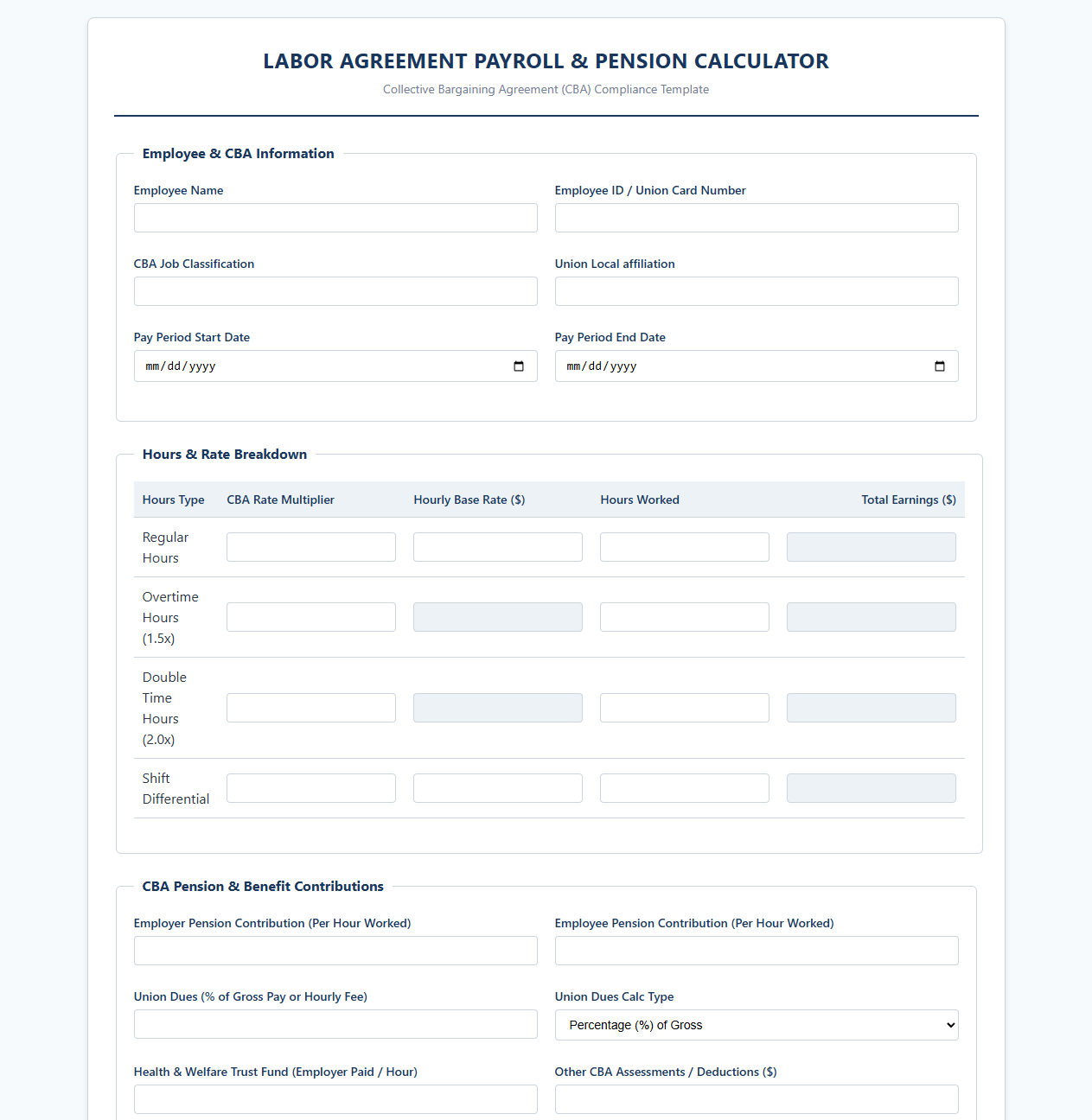 Labor Agreement Payroll and Pension Calculator