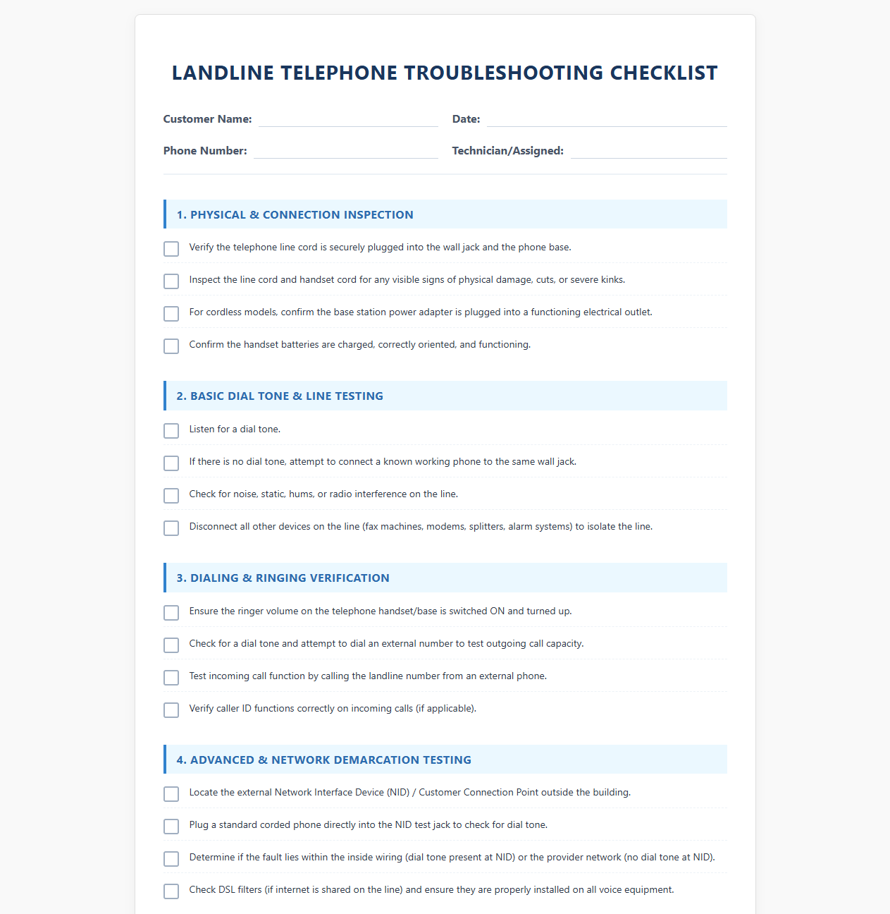 Landline Telephone Troubleshooting Checklist