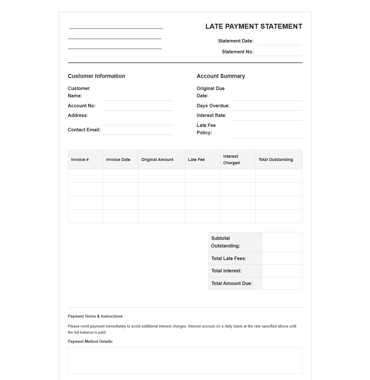 Late Fee and Interest Statement Template