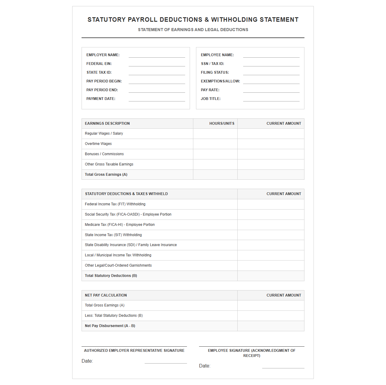 Legal Payroll Deductions and Withholding Statement