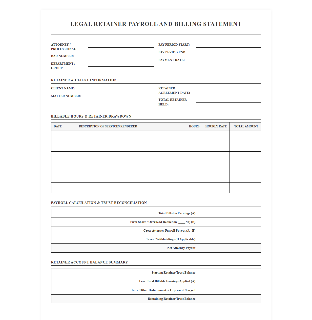 Legal Retainer Payroll and Billing Template