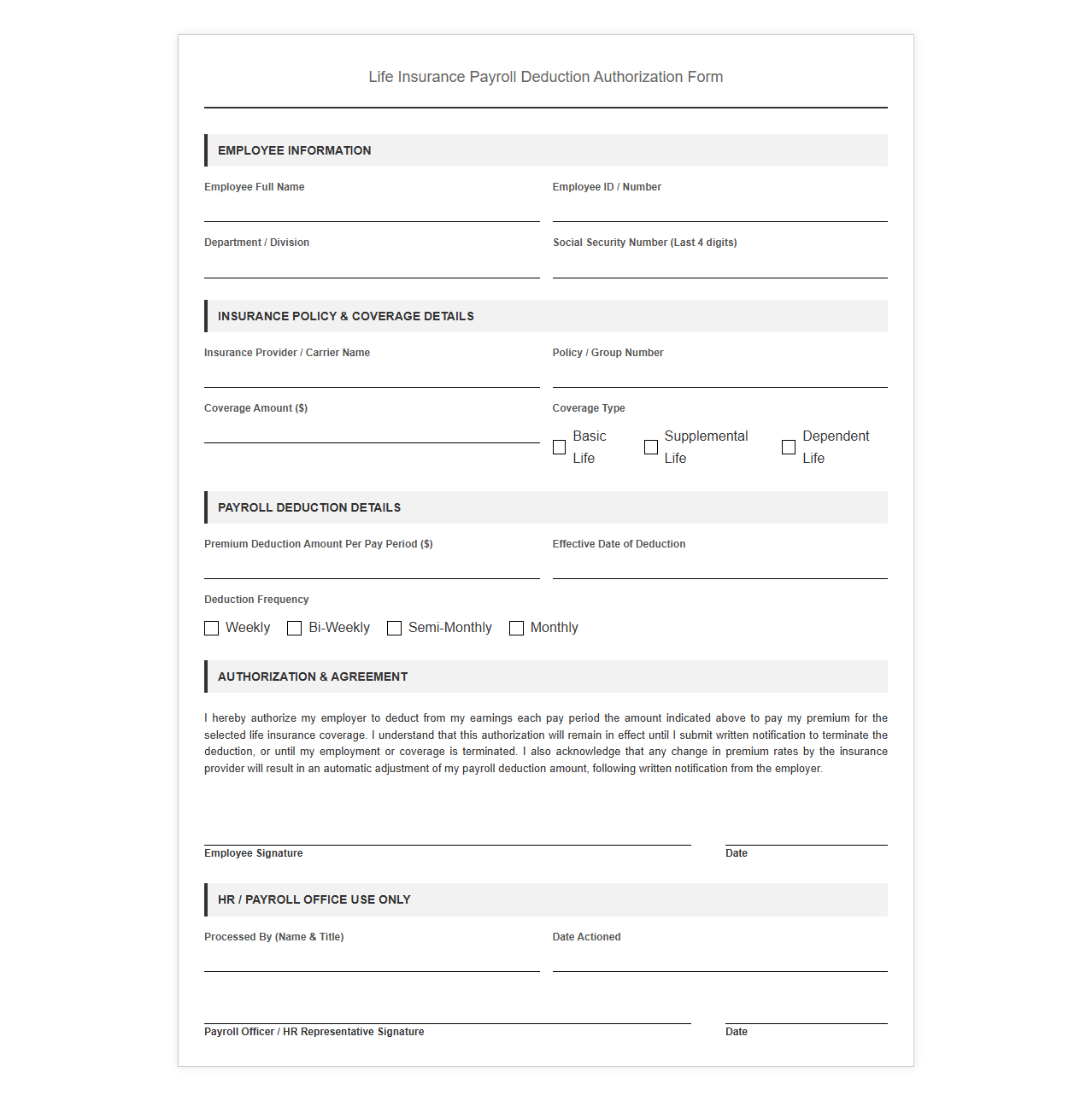 Life Insurance Payroll Deduction Authorization Form