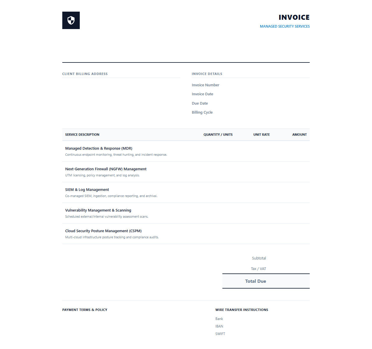 Managed Security Services Provider Monthly Billing Invoice