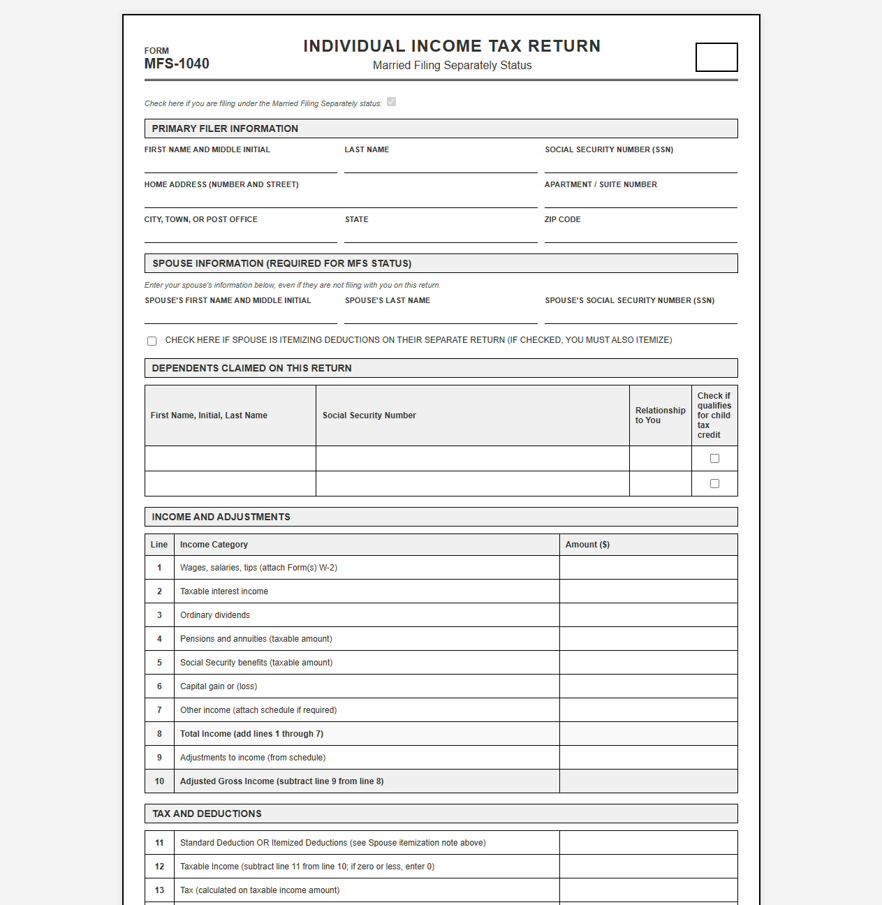 Married Filing Separately Income Tax Return Form