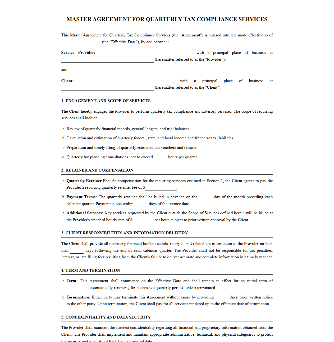 Master Agreement for Quarterly Tax Compliance Services