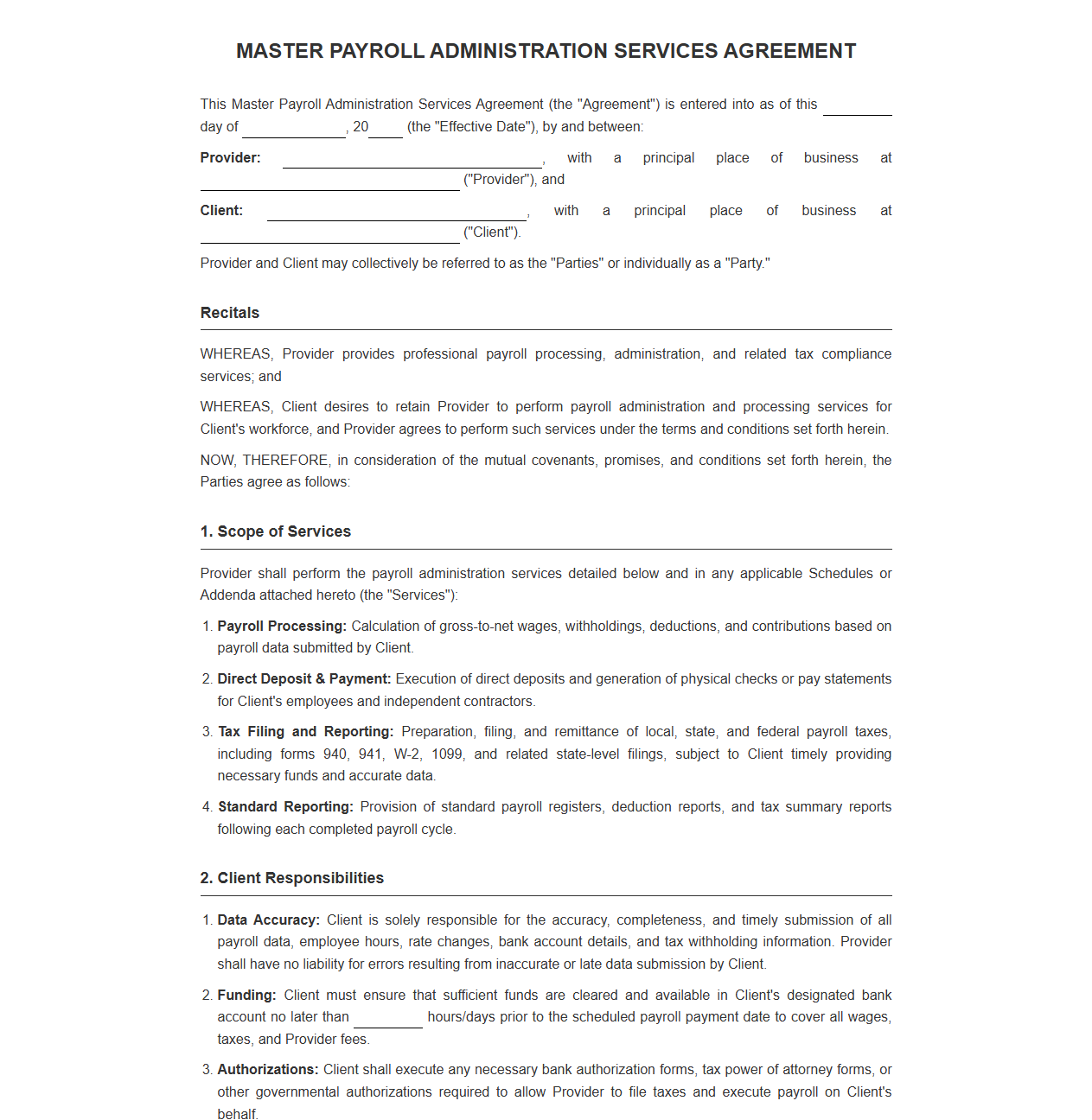 Master Payroll Administration Services Agreement