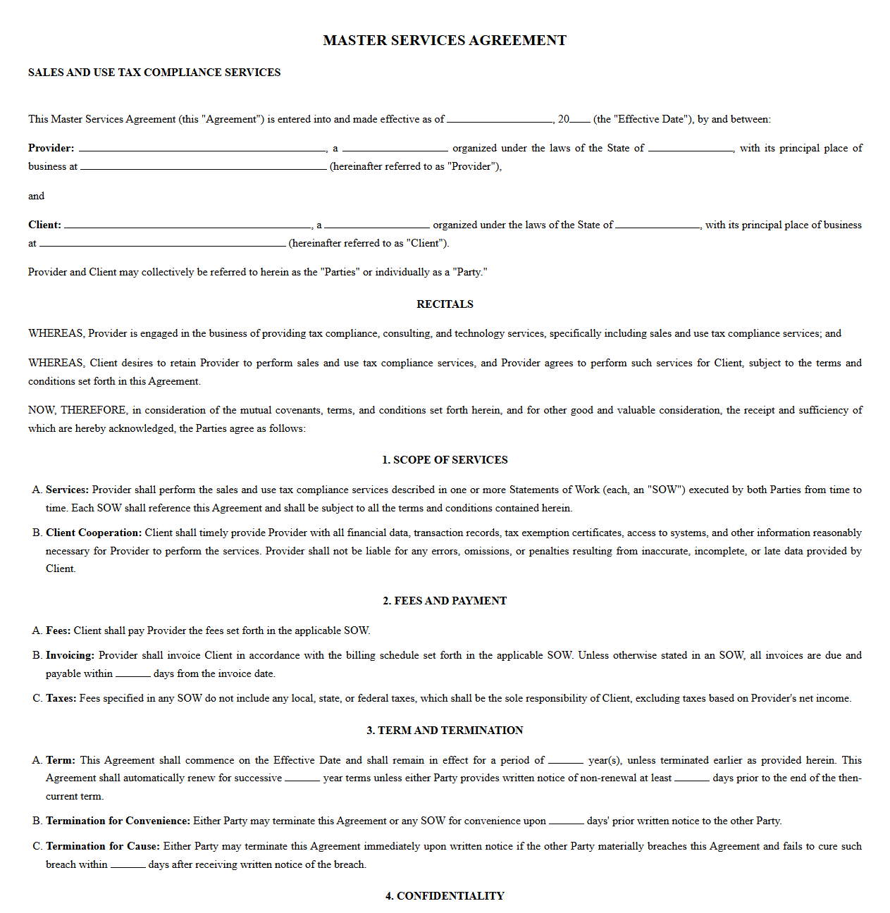 Master Services Agreement for Sales and Use Tax Compliance