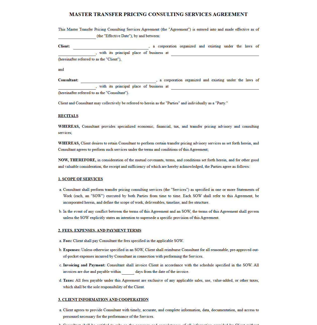 Master Transfer Pricing Consulting Services Agreement Template