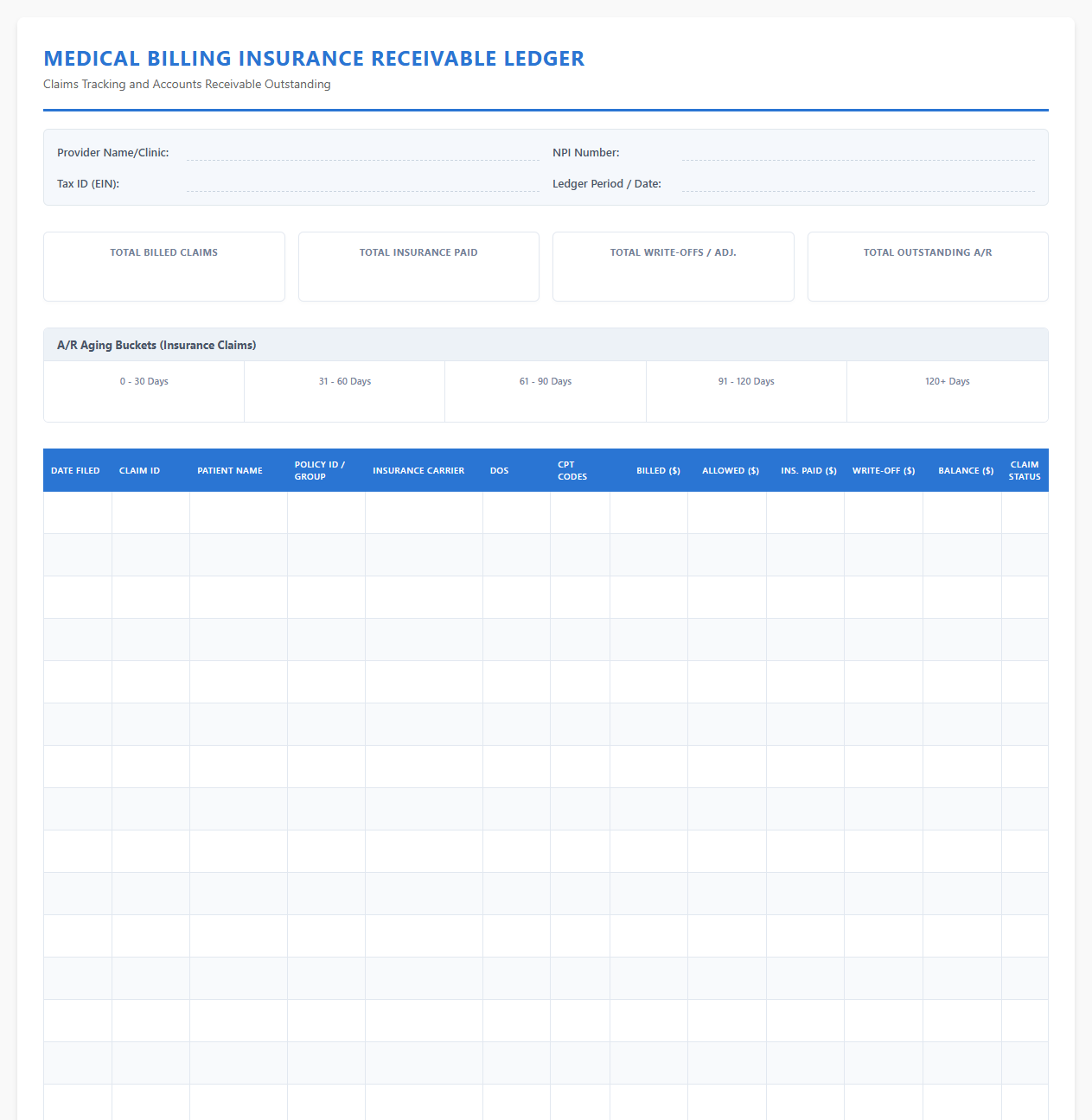 Medical Billing Insurance Receivable Ledger