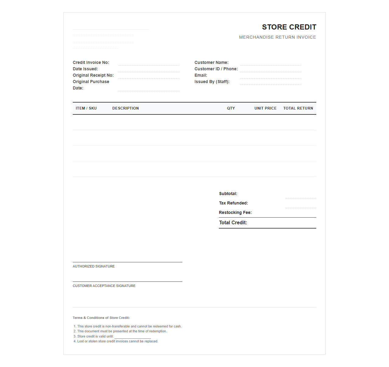 Merchandise Return Store Credit Invoice
