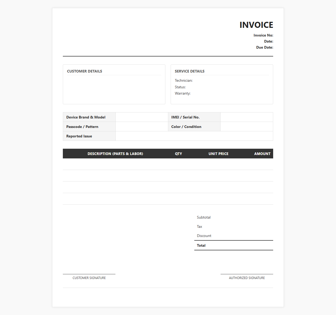 Mobile Phone Repair Service Invoice Template