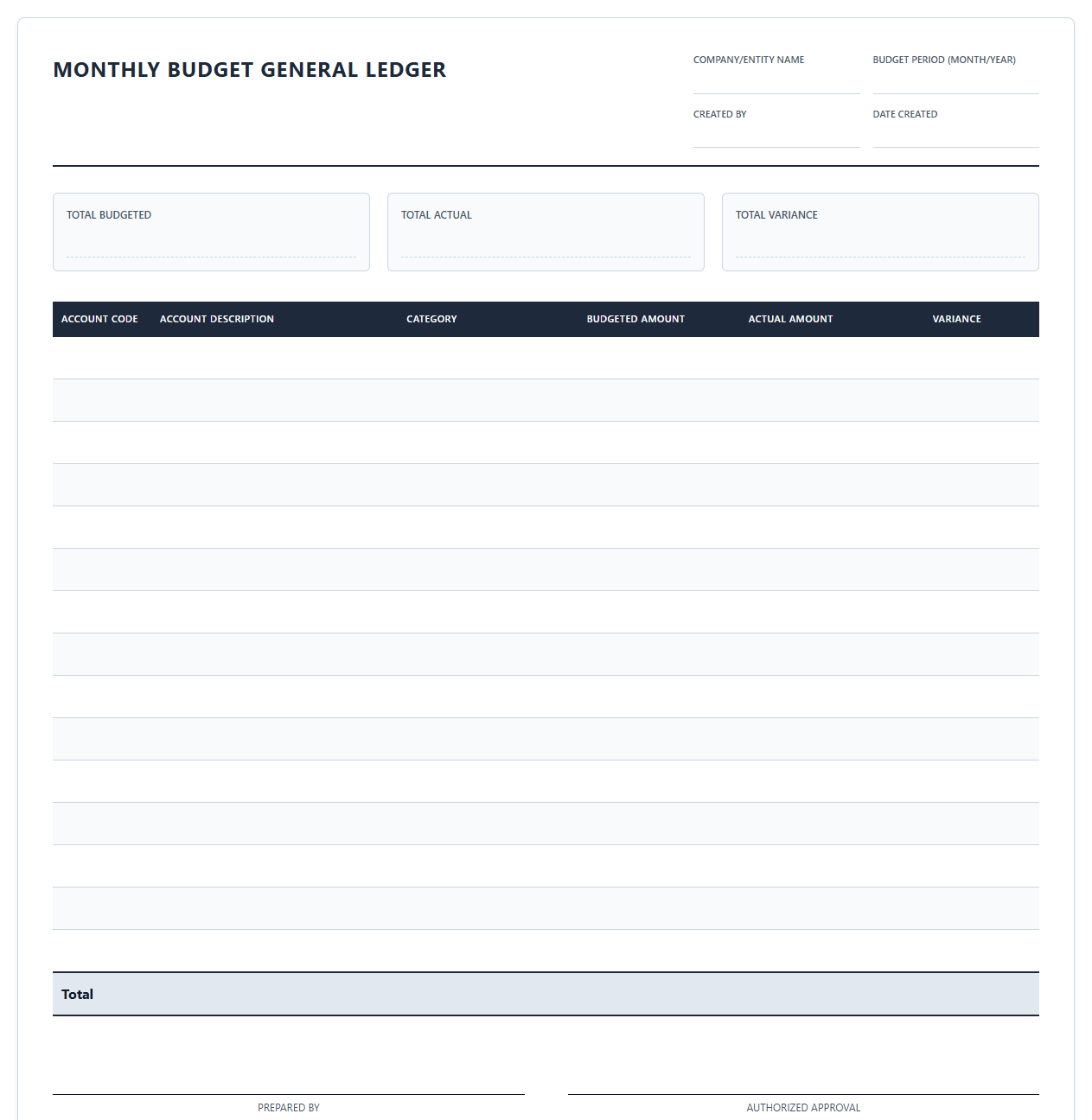Monthly Budget General Ledger Template