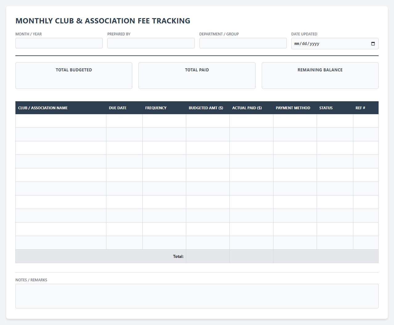 Monthly Club and Association Fee Tracking Spreadsheet