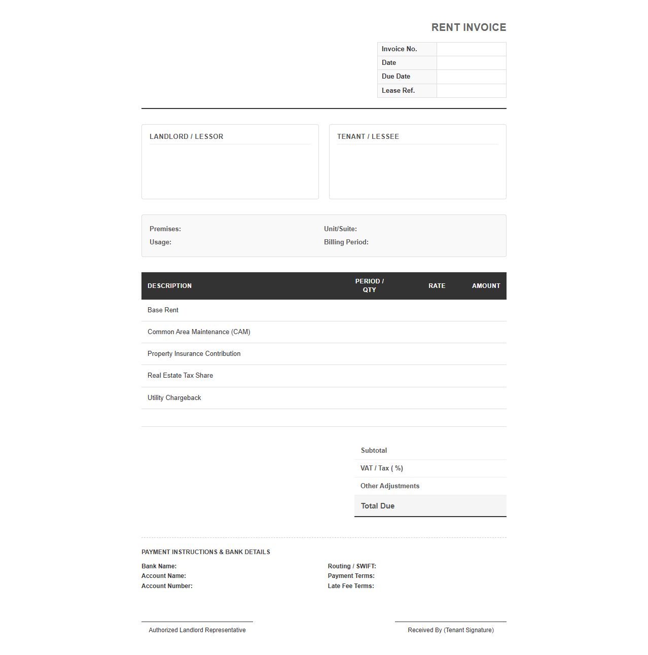 Monthly Commercial Tenancy Rent Bill