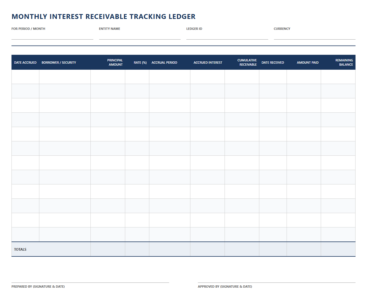 Monthly Interest Receivable Tracking Ledger
