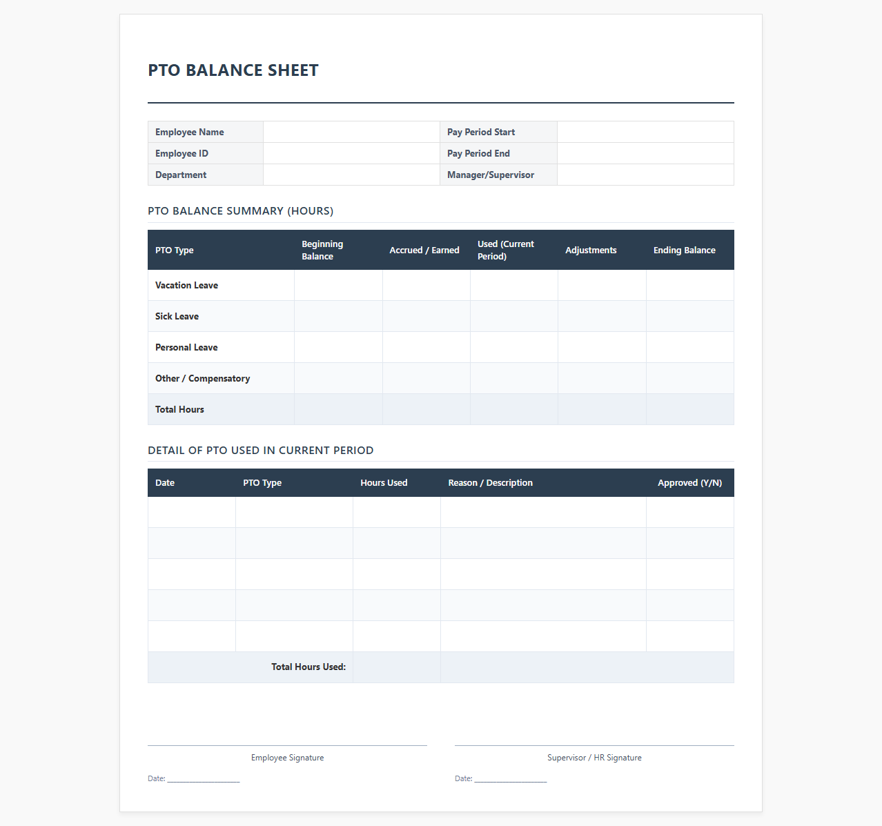 Monthly Payroll Paid Time Off Balance Sheet