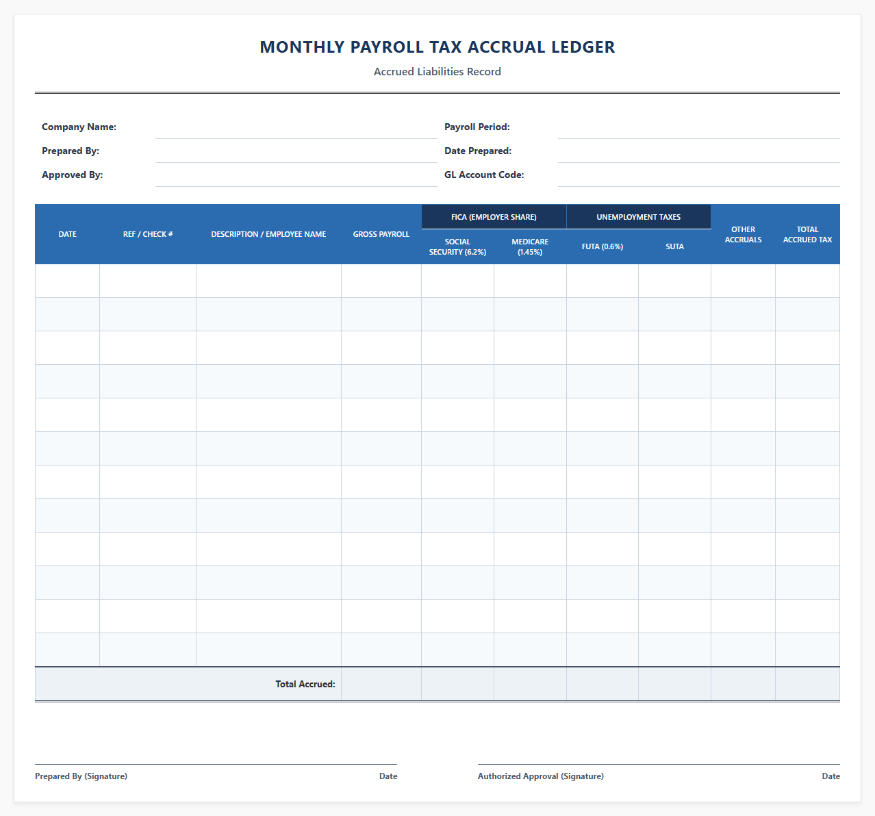 Monthly Payroll Tax Accrual Ledger Template
