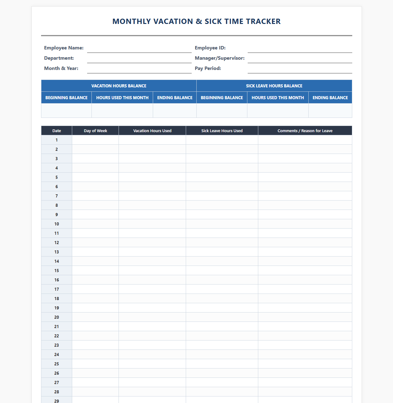 Monthly Payroll Vacation and Sick Time Tracker