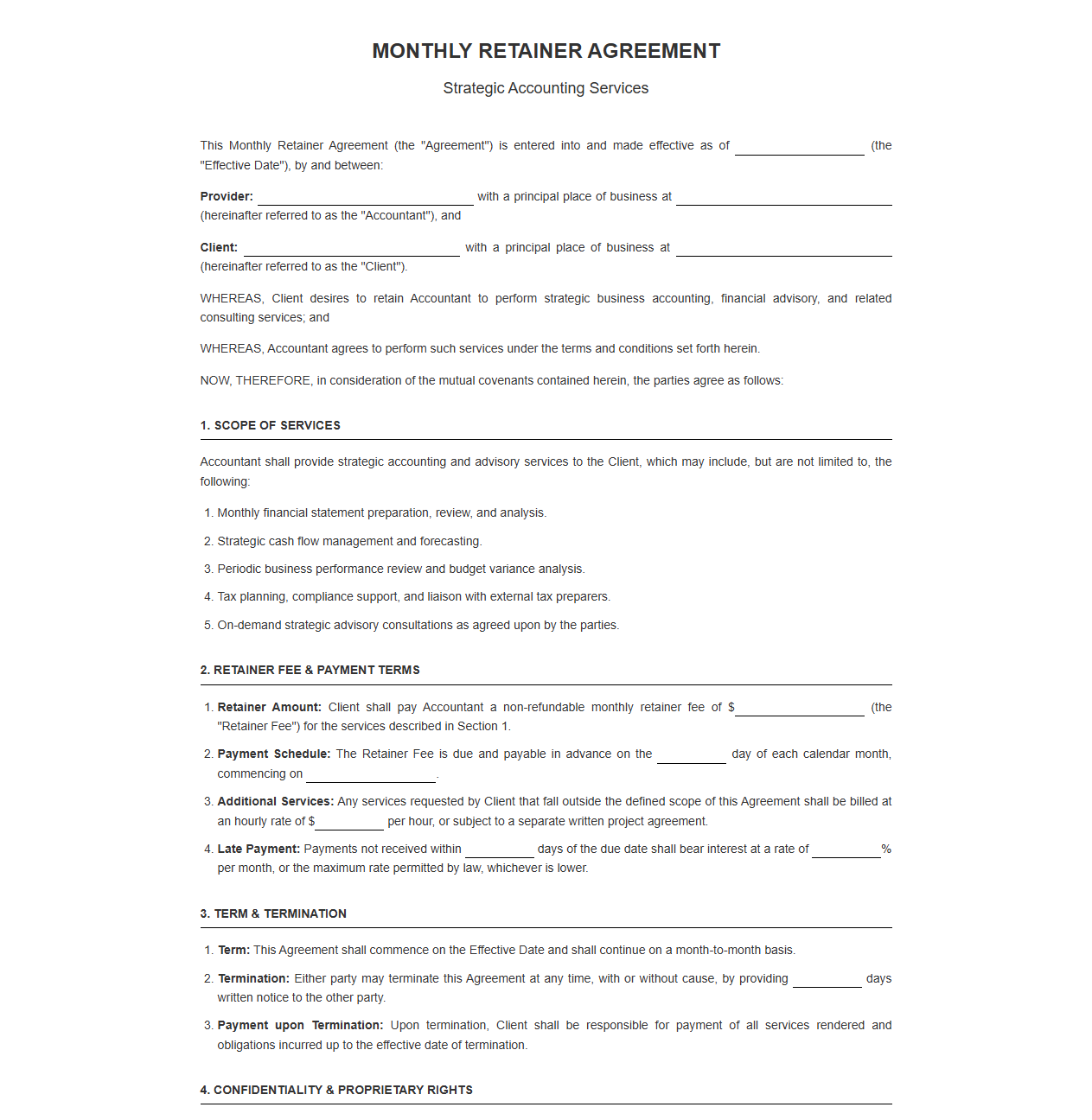 Monthly Retainer Agreement for Strategic Accounting Services