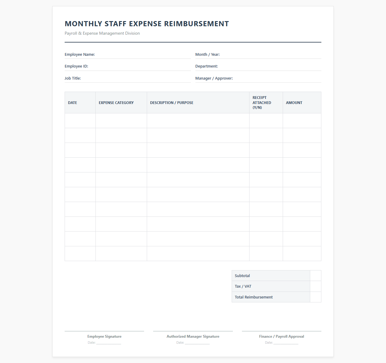 Monthly Staff Expense Reimbursement Template