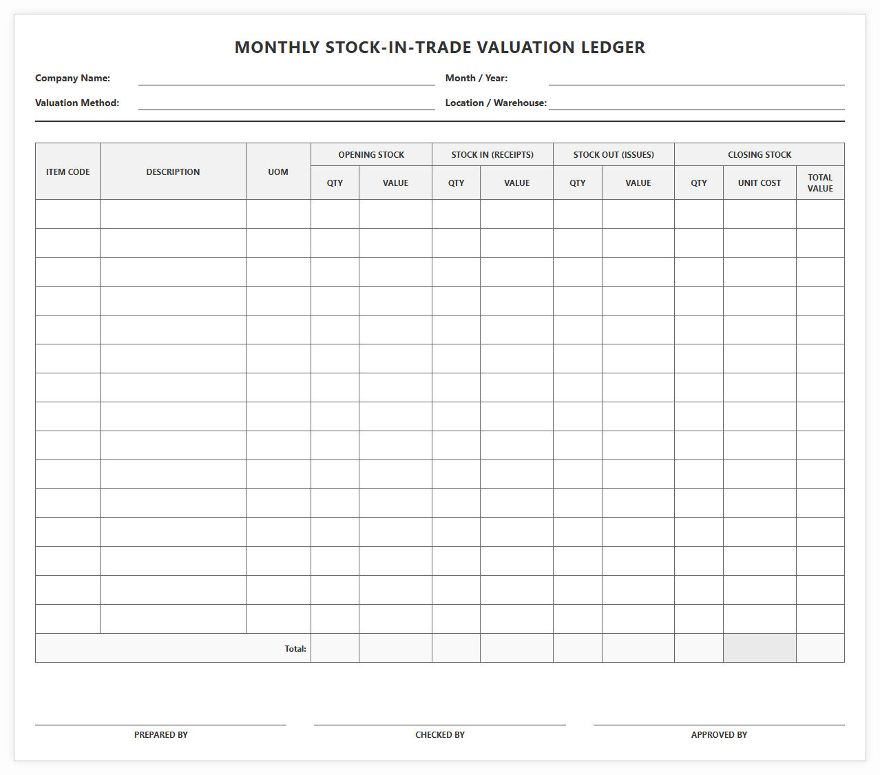 Monthly Stock-in-Trade Valuation Ledger