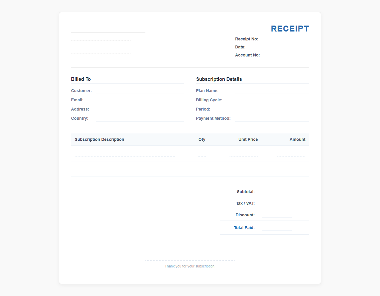 Monthly Subscription Billing Receipt