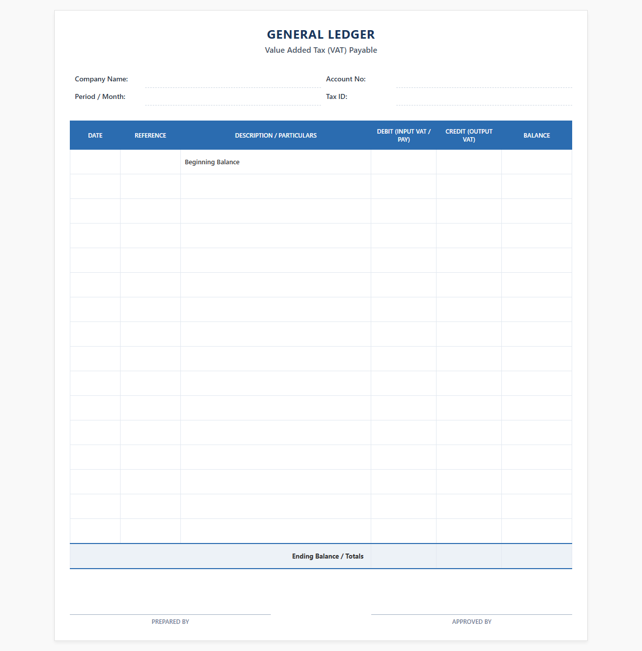 Monthly VAT Payable General Ledger Template