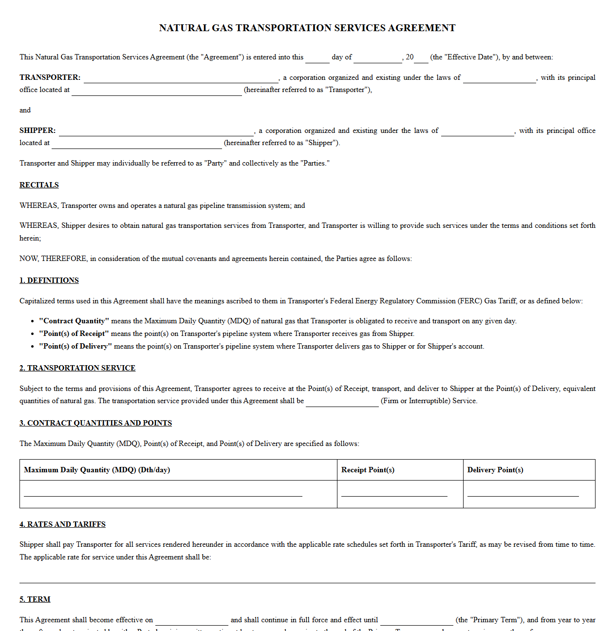Natural Gas Transportation Services Agreement