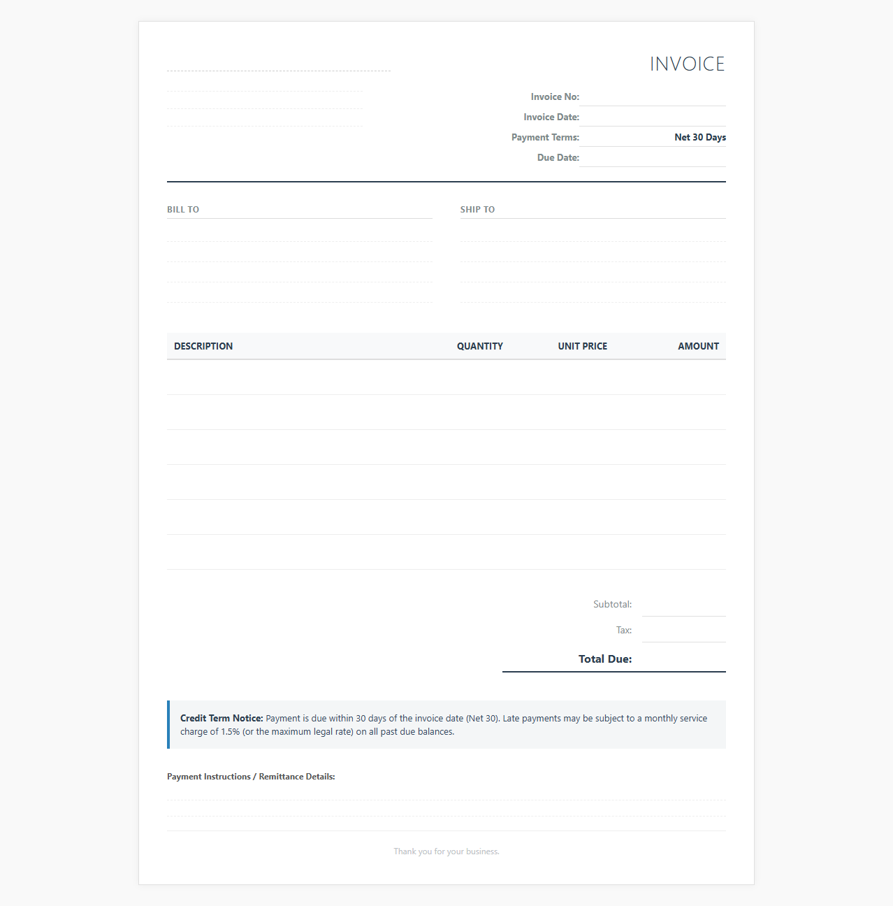 Net 30 Credit Term Invoice Document