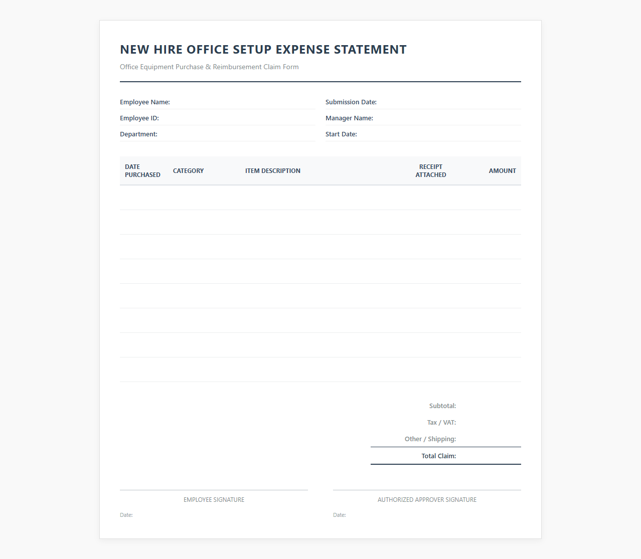 New Hire Office Setup Expense Statement